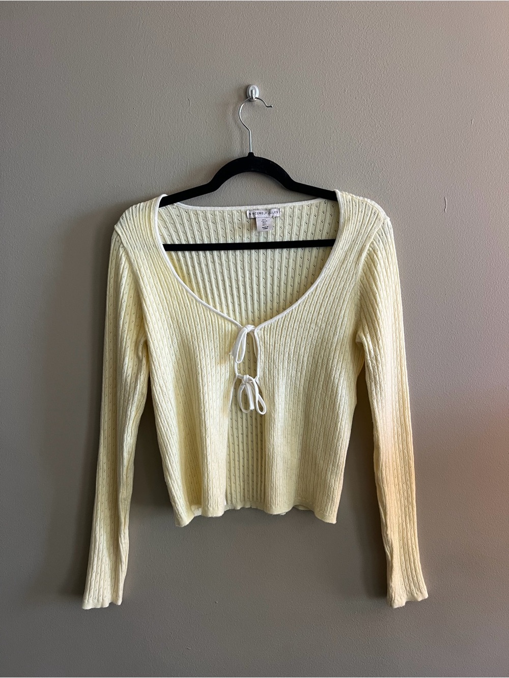 Brandy Melville Pale Yellow Ribbed Tie-Front Long Sleeve Top
